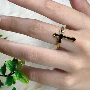Stainless Steel Gold Toned Black Cross Adjustable Ring (R39)